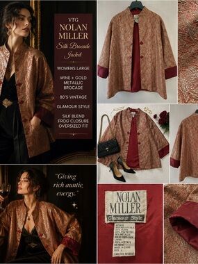 VTG Nolan Miller Jacket Silk Brocade Large Red Gold Asian Metallic Boho Luxe Art